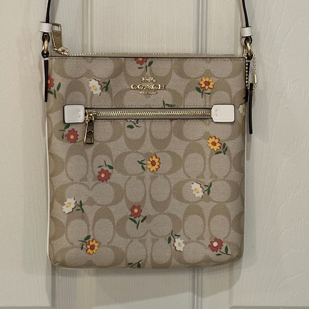 Coach North South Crossbody Bag Signature Canvas Wildflower Print Khaki Multi